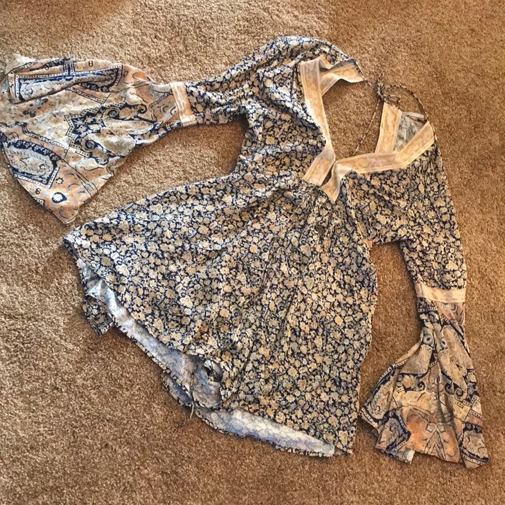 Bohemian Free People Romper with Flair Sleeves